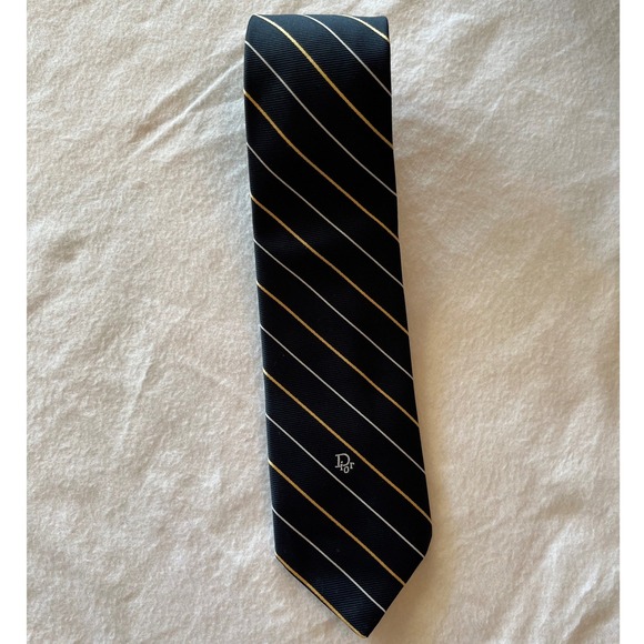 Christian Dior Other - Christian Dior Monsieur Mens Navy Blue Gold White Striped Silk Blend Necktie